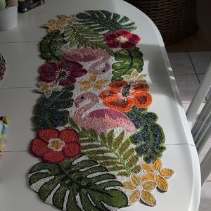Beaded Tropical Flamingo Table Runner - Pink & Green Floral Design